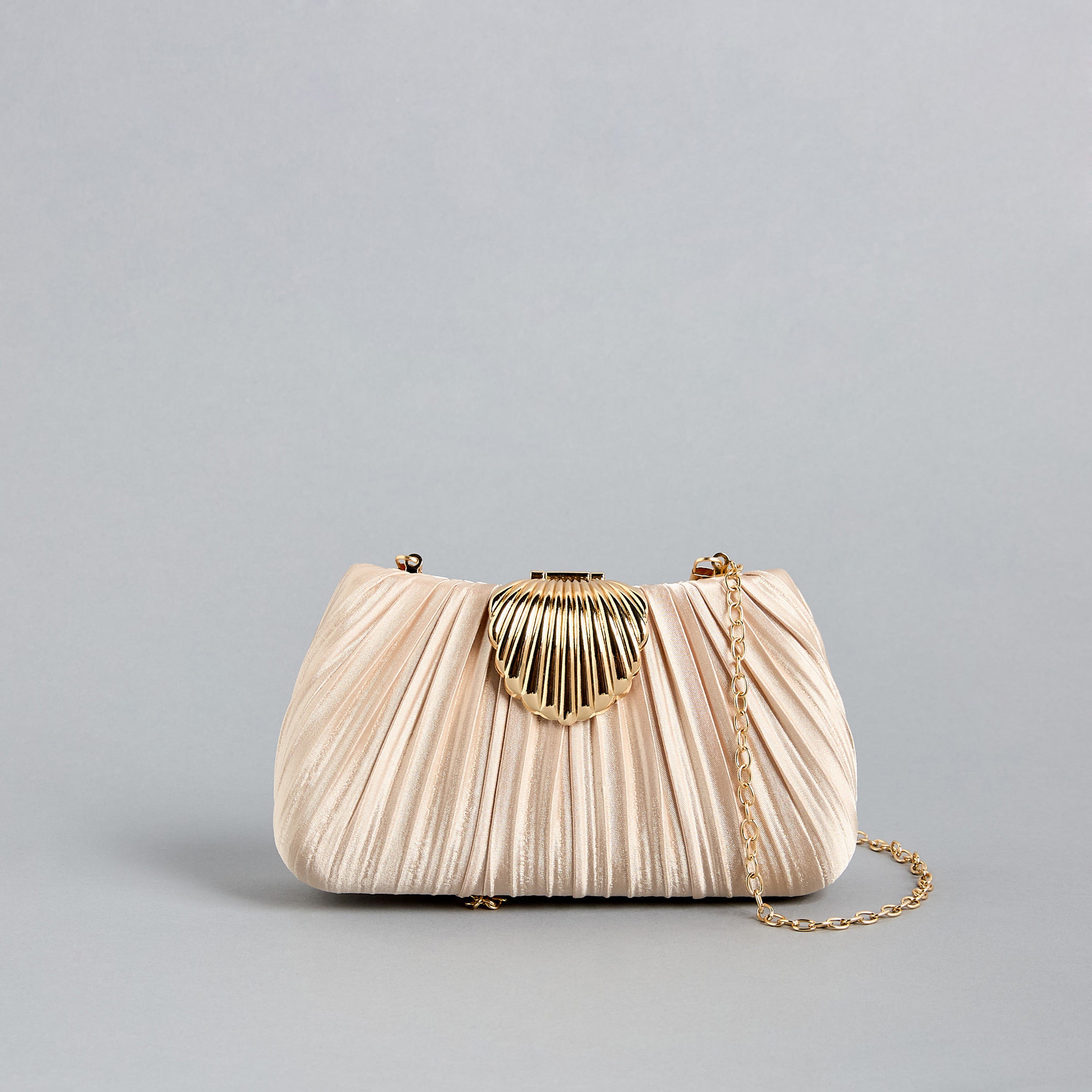 Pleated Champagne Clutch Bag with Gold Chain Strap. |A FOR ALL