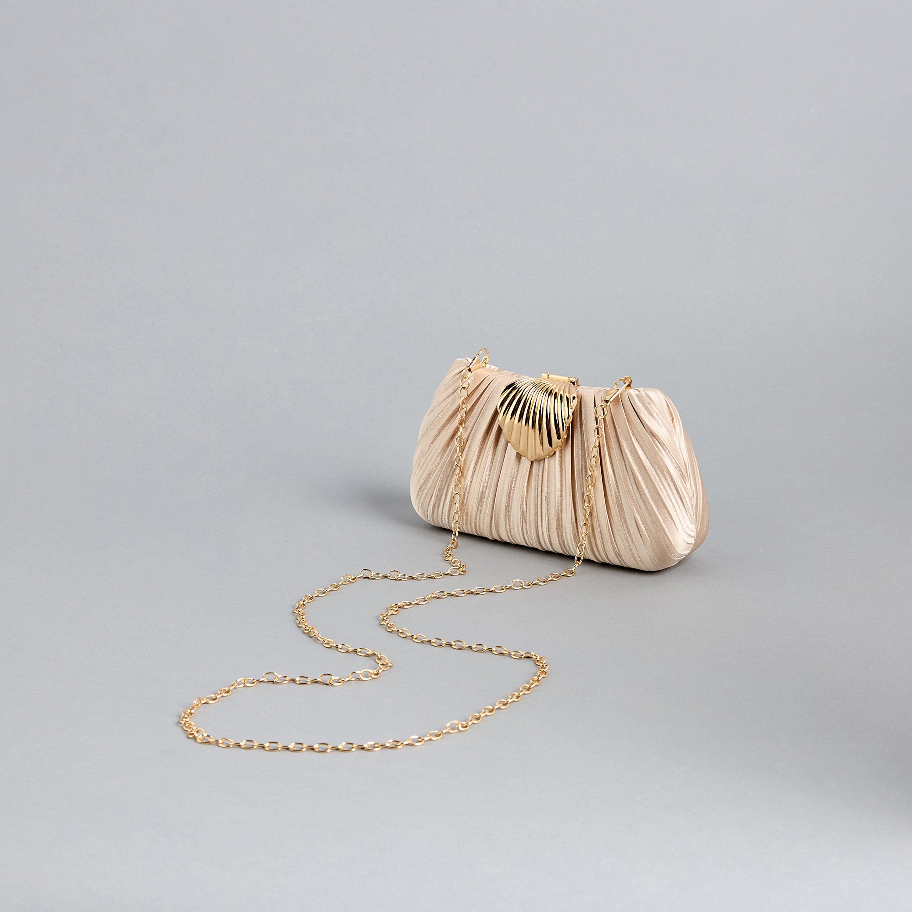 Pleated Champagne Clutch Bag with Gold Chain Strap. |A FOR ALL