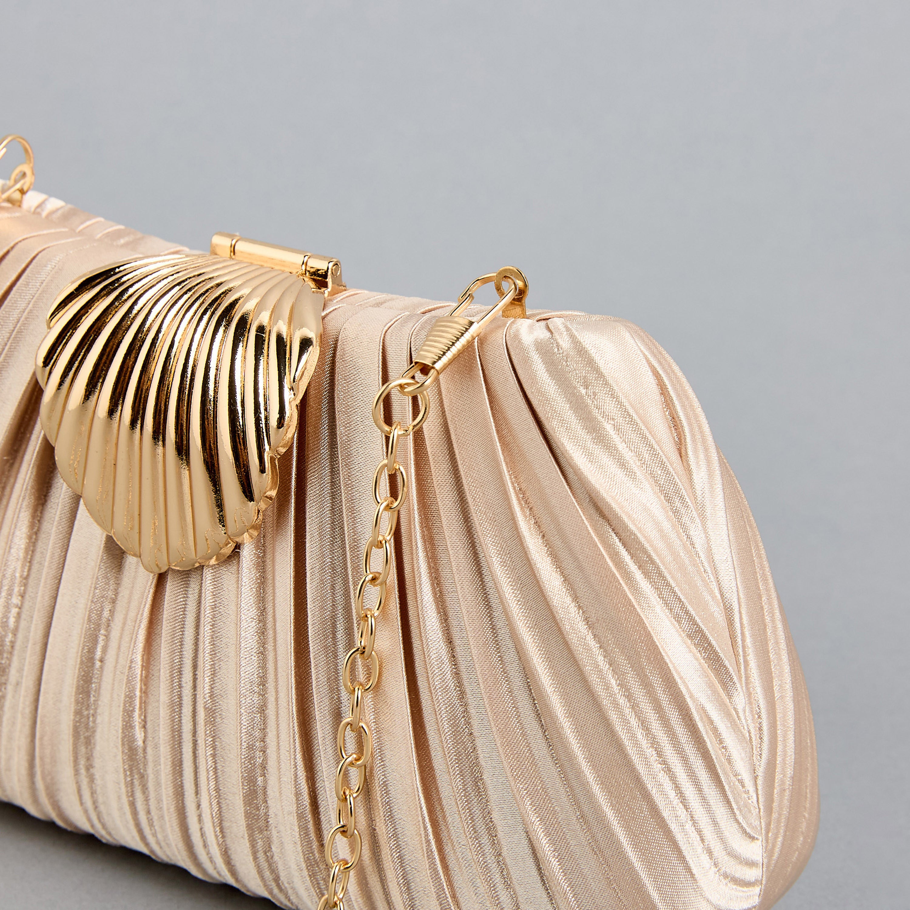 Pleated Champagne Clutch Bag with Gold Chain Strap. |A FOR ALL