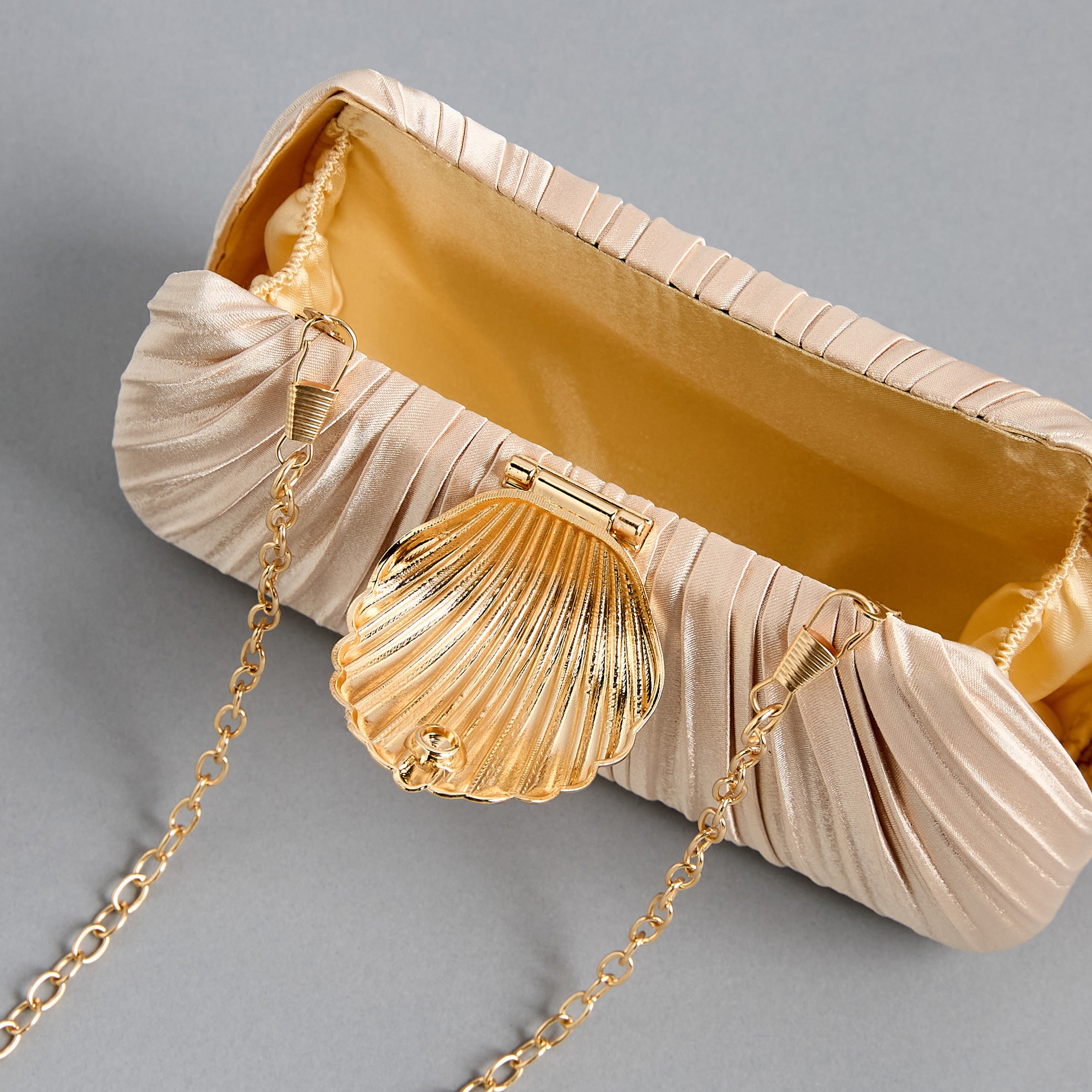 Pleated Champagne Clutch Bag with Gold Chain Strap. |A FOR ALL