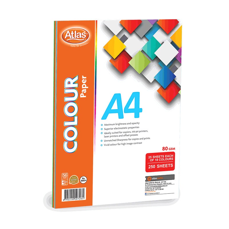 Atlas A4 Colour Paper Assorted 250 Sheets | 10 Colours Craft Paper – AFORALL